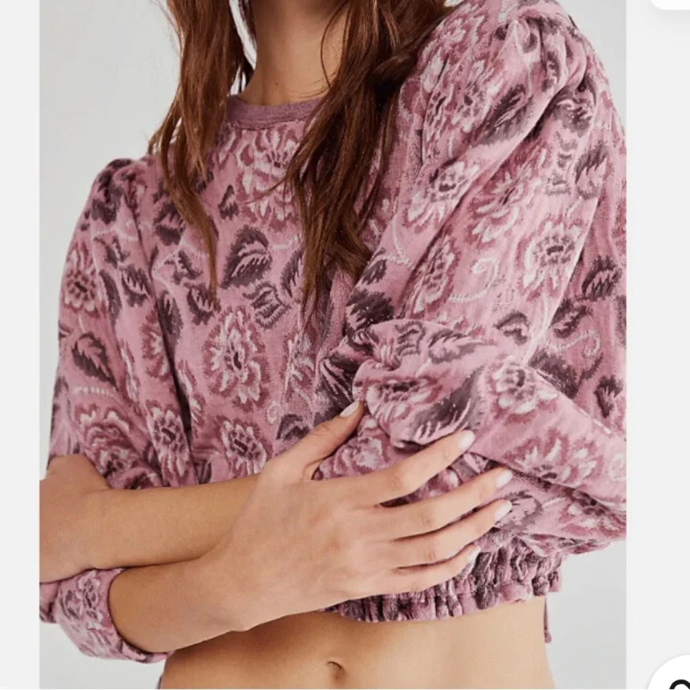 Free People No Ordinary Floral Jacquard Knit Puff Sleeves Top Pink